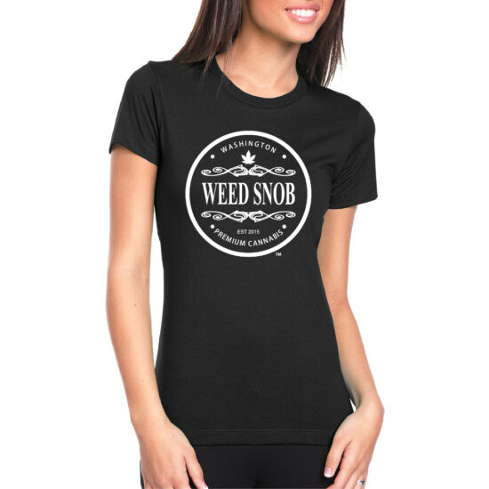 Ladies Black shirt with white lettering round logo