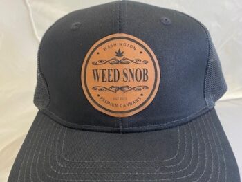 Black Hat with leather patch black lettering round logo