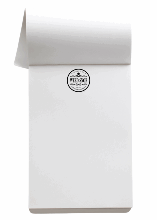 White paper Notepad with Black lettering round Weed snob logo 5" x 7", 40 pages