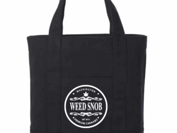 Black canvas bag, will add vinyl lettering in-house / add round white lettering Weed snob logo