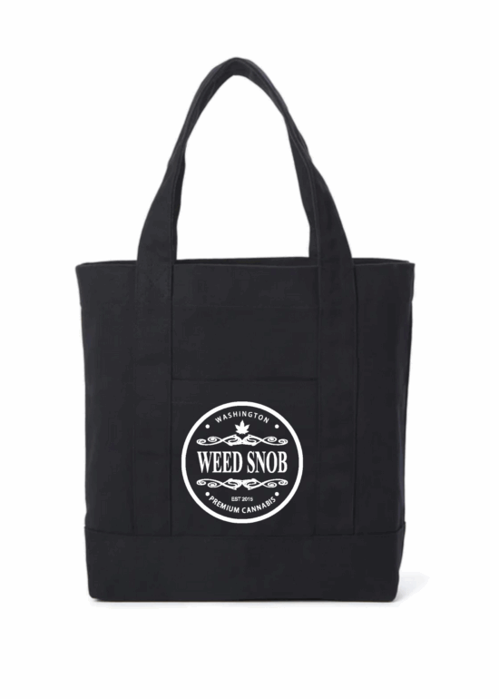 Black canvas bag, will add vinyl lettering in-house / add round white lettering Weed snob logo